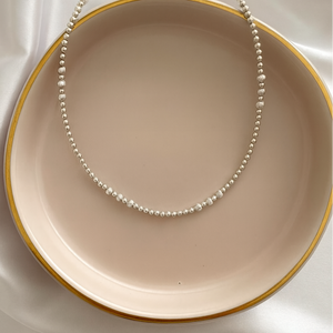 Necklace on a beige plate with a gold rim against a white background